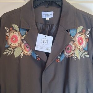Washco Apparel Washed Olive Floral Embroidered Jacket M NWT